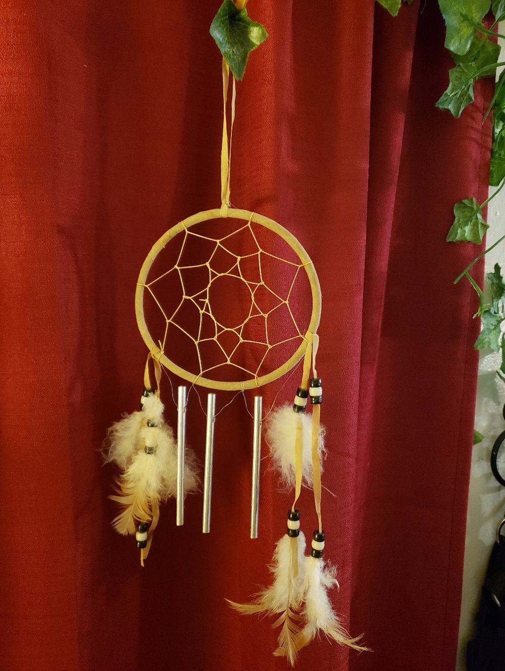 Enchanting Handmade Tribal Dreamcatcher Windchime w/Delicate Feather Adornment
